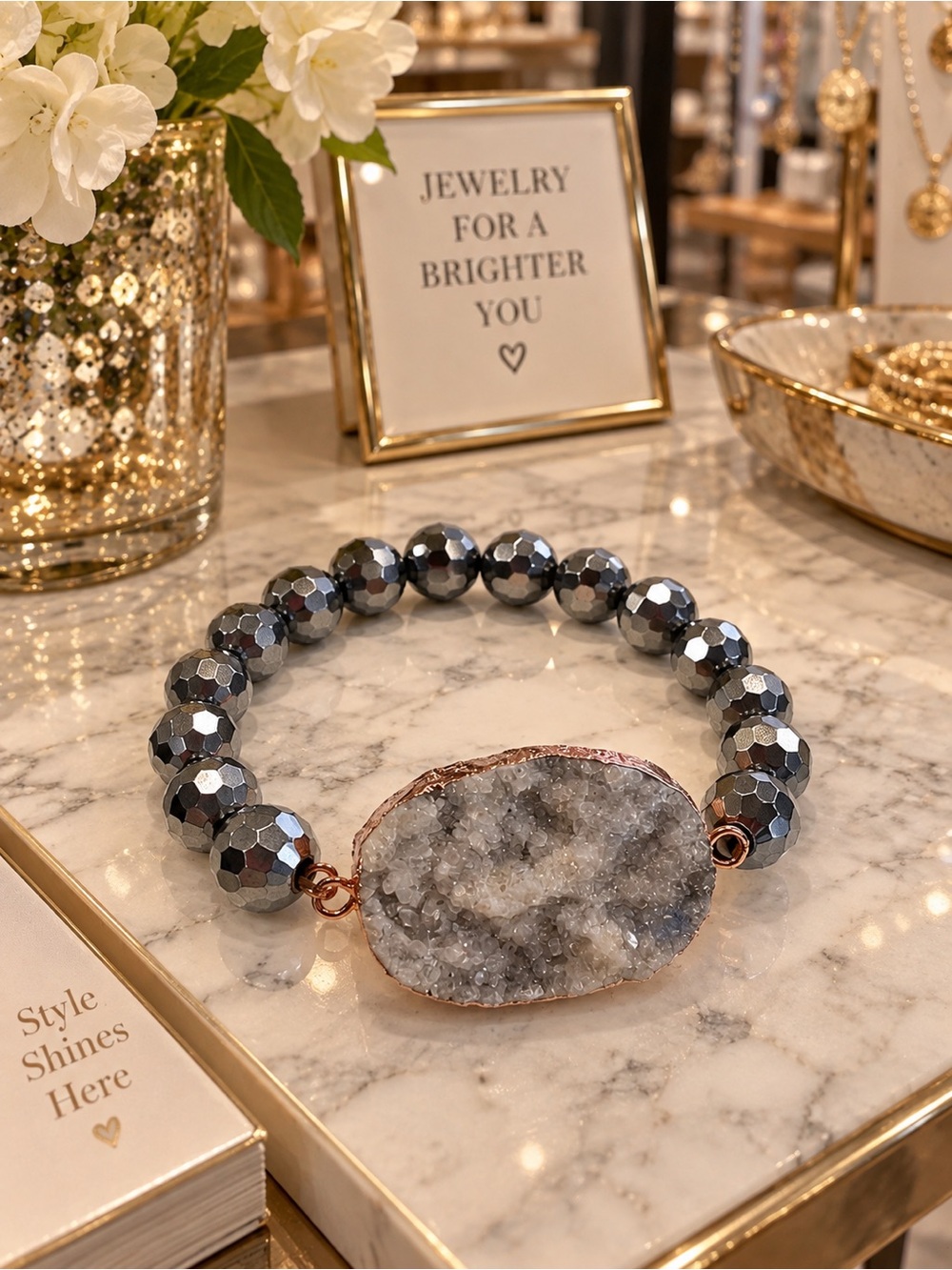 Hematite Beaded Druzy Stone Stretch Bracelet